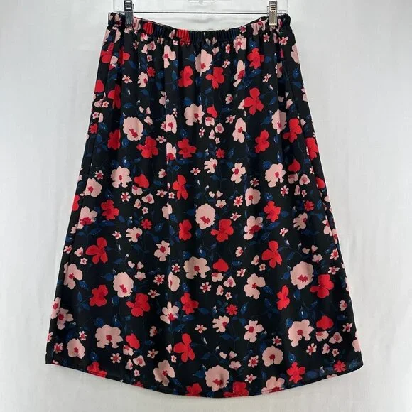 Lily Black A-Line Skirt Womens S Button Front Elastic Waist Floral Black Orange - Picture 2 of 9